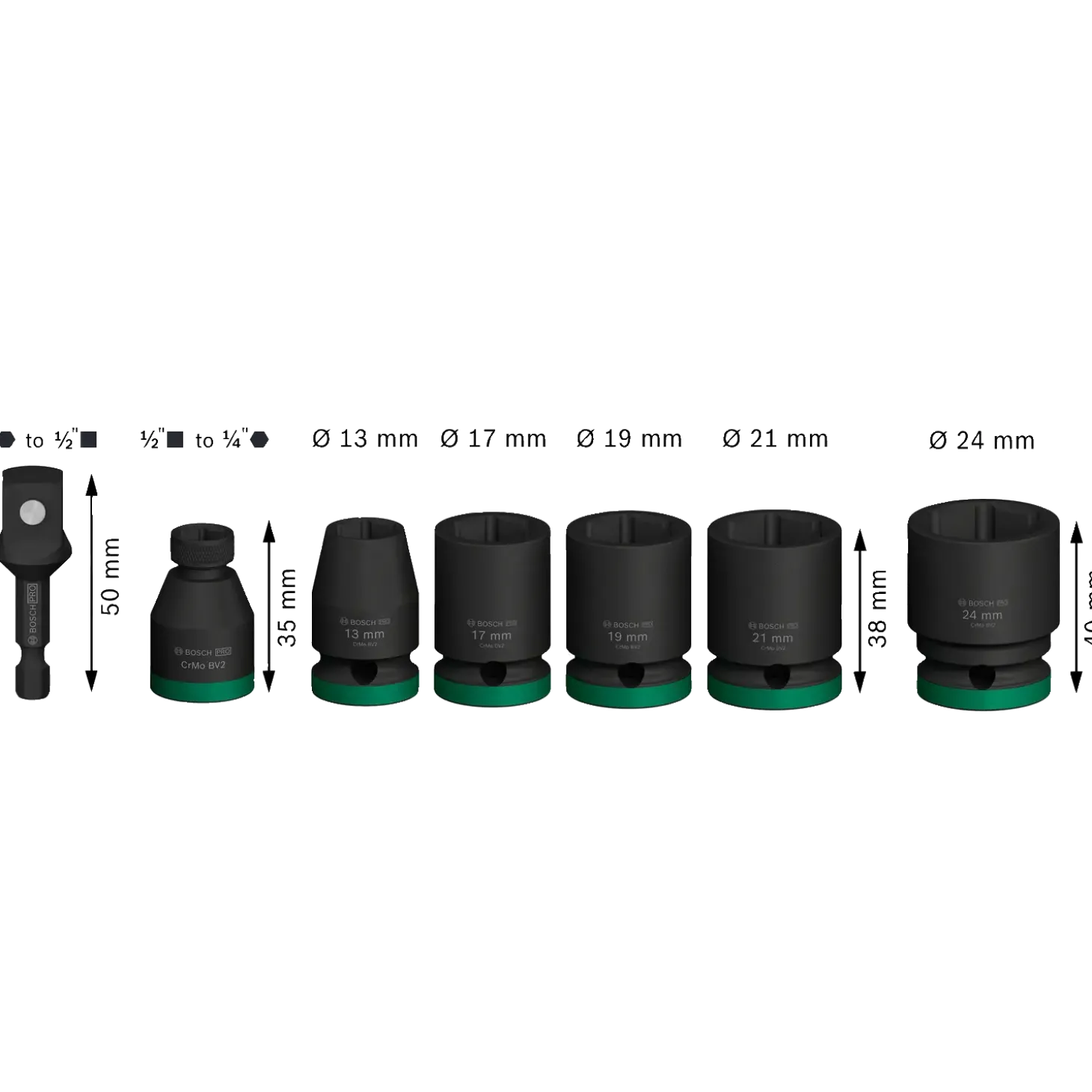 Bosch PRO Impact Socket Set med adapter, 1/2", standard, 7 stk.