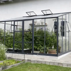 Elmholm Exclusive vægdrivhus antracit med hærdet glas, inkl. sokkel 13,1 m²