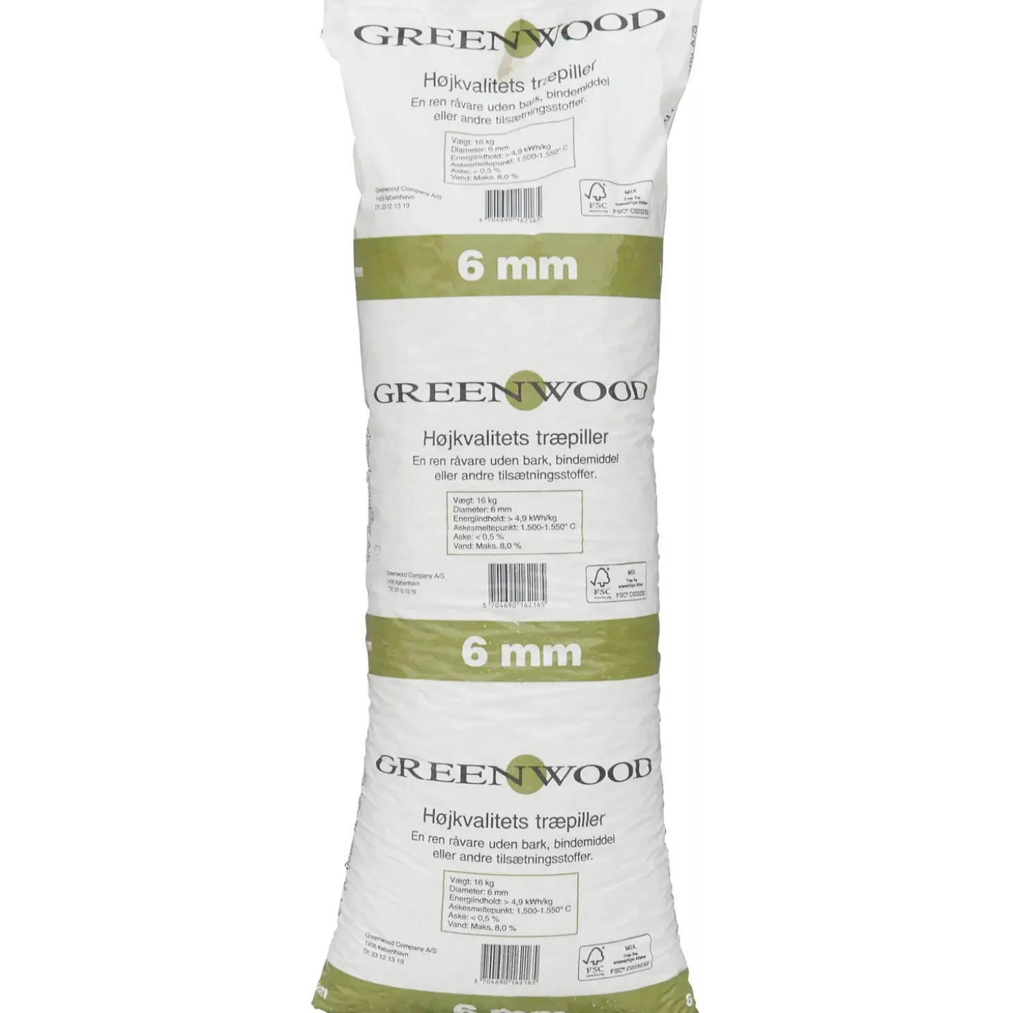 Greenwood træpiller 6 mm - palle med 896 kg / 56 poser á 16 kg