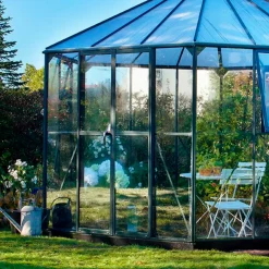 Halls Atrium drivhus grøn med hærdet glas og polycarbonat 9,0 m²