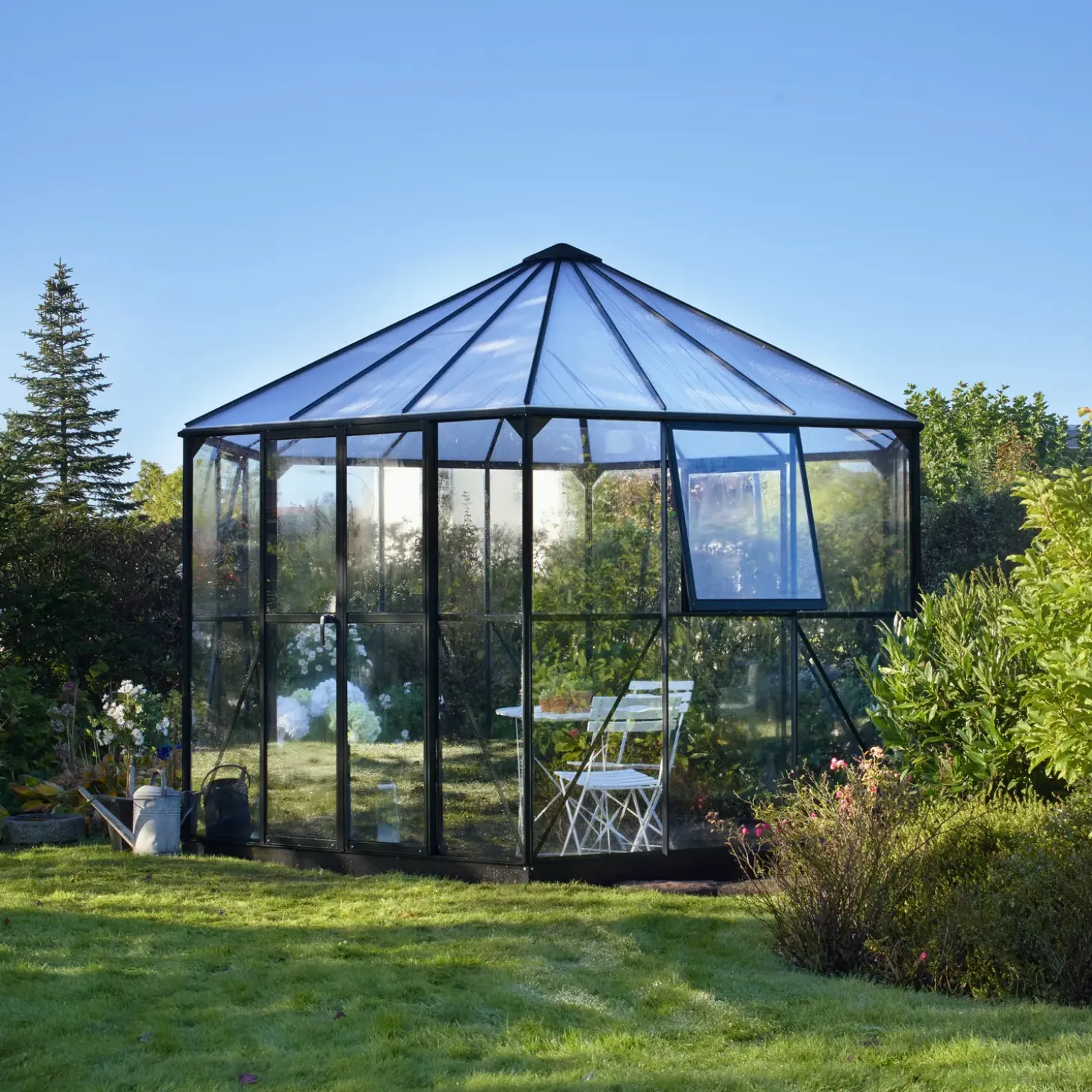 Halls Atrium drivhus sort med hærdet glas og polycarbonat 9,0 m²