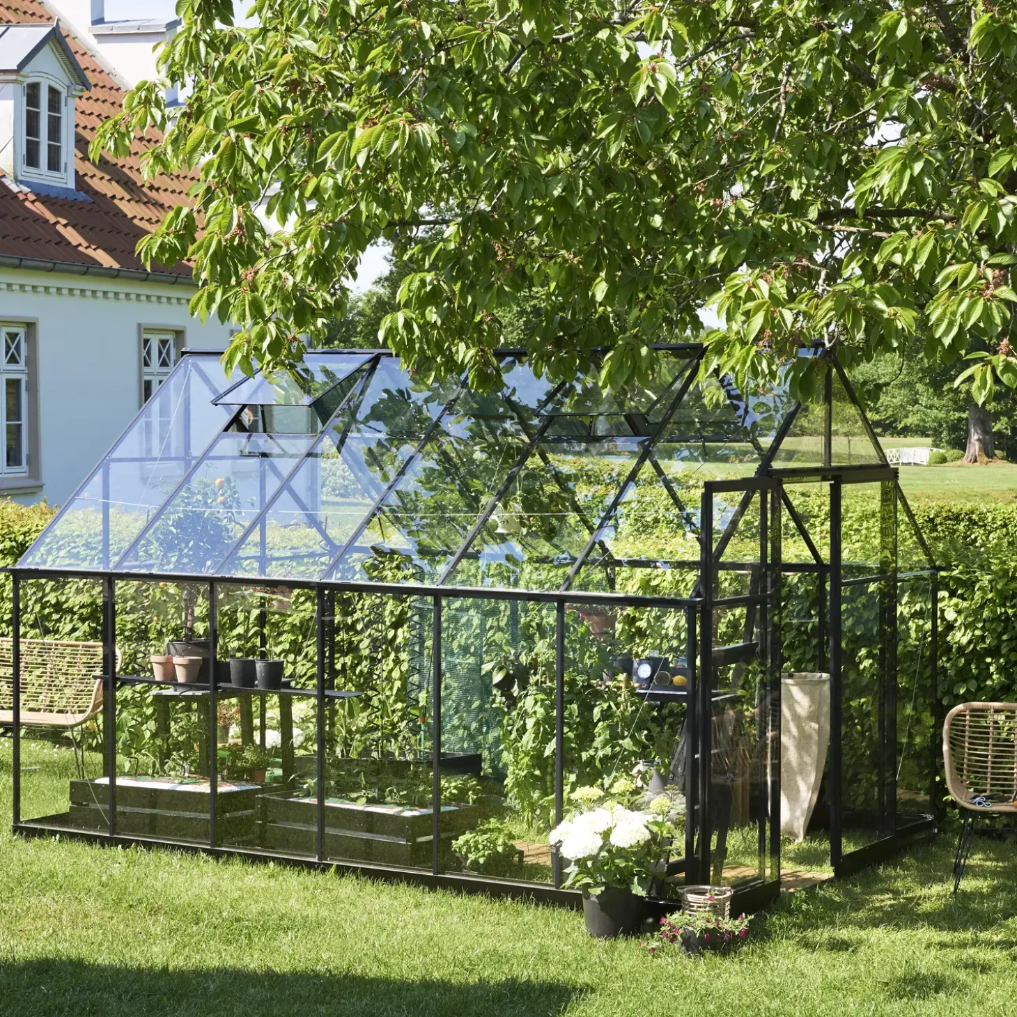 Halls Qube+ 812 drivhus sort med hærdet glas, 9,9 m²