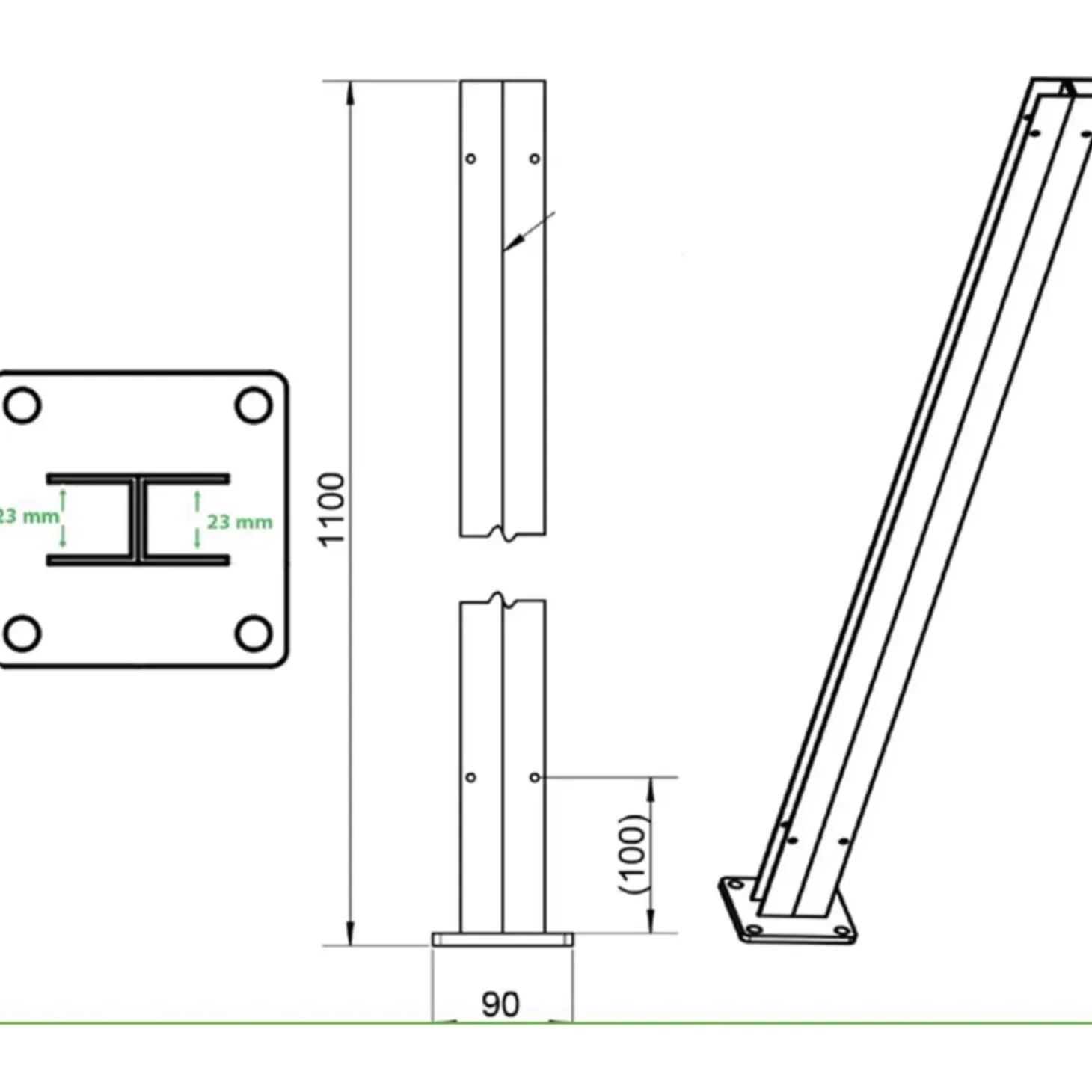 H-stolpe m/fod varmgalvaniseret 23 mm sporbredde