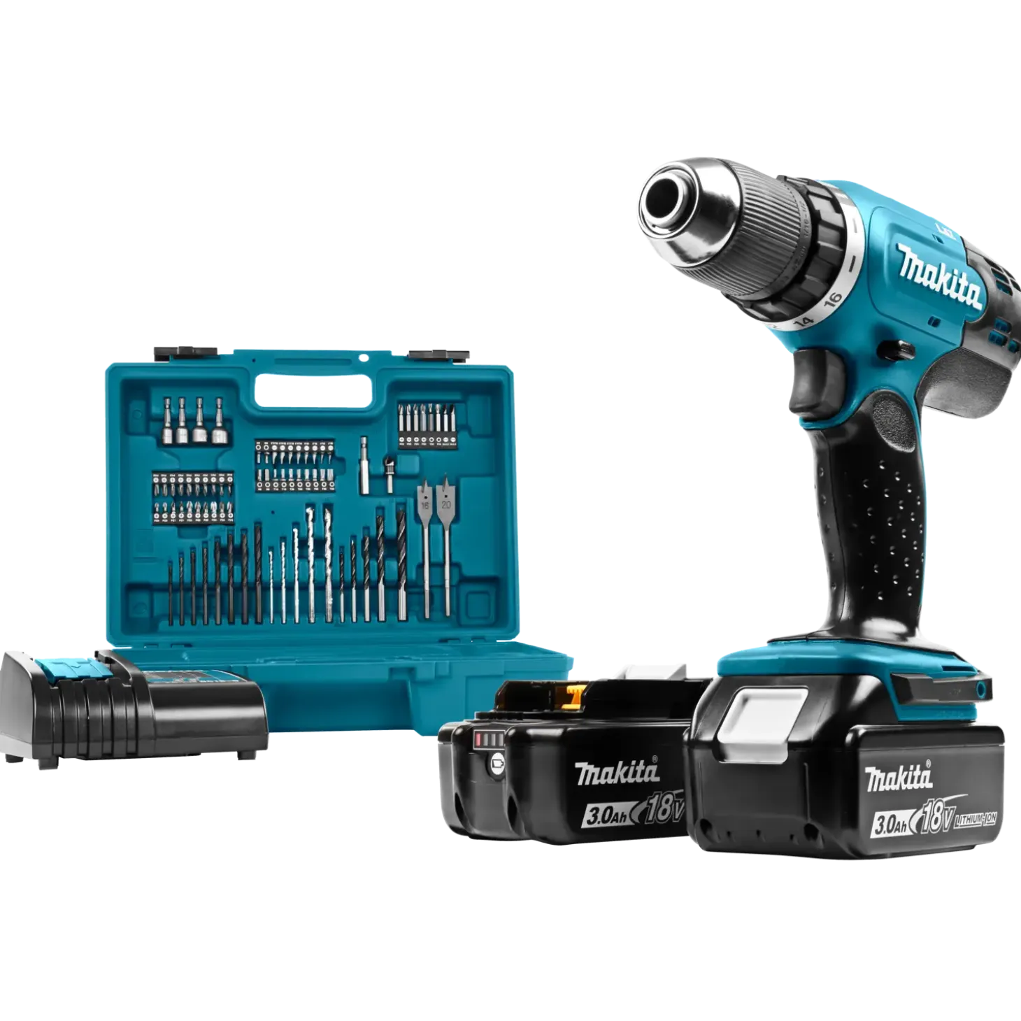 Makita DDF453SFX1 18V LXT bore/skruemaskine 2x3.0 Ah inkl. 75 dele tilbehør