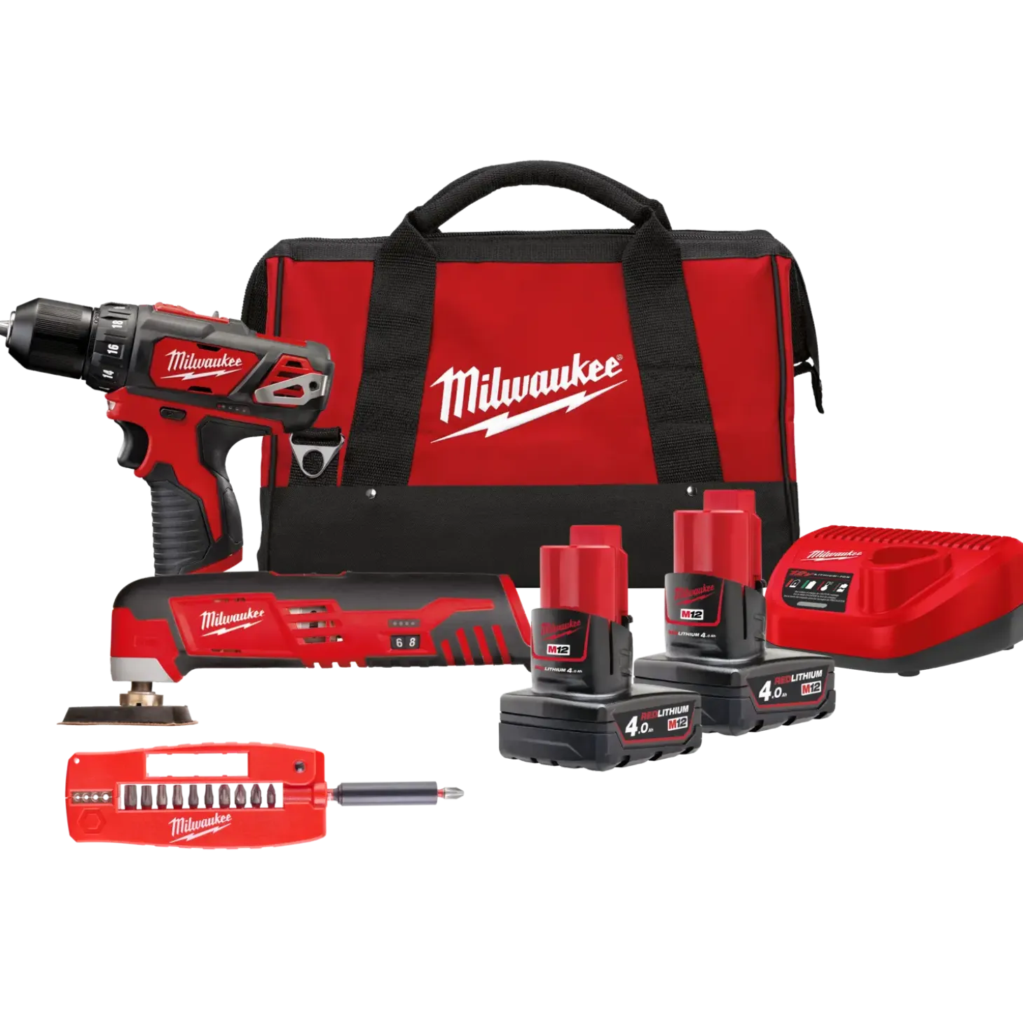 Milwaukee M12 BPP2D-402B skruemaskine og multicutter incl. bitssæt
