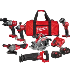 Milwaukee M18 FPP6K2-502B powerpack inkl. slag-/skruemaskiner, bajonetsav, 125mm vinkelsliber og 55mm rundsav inkl. batteri og lader