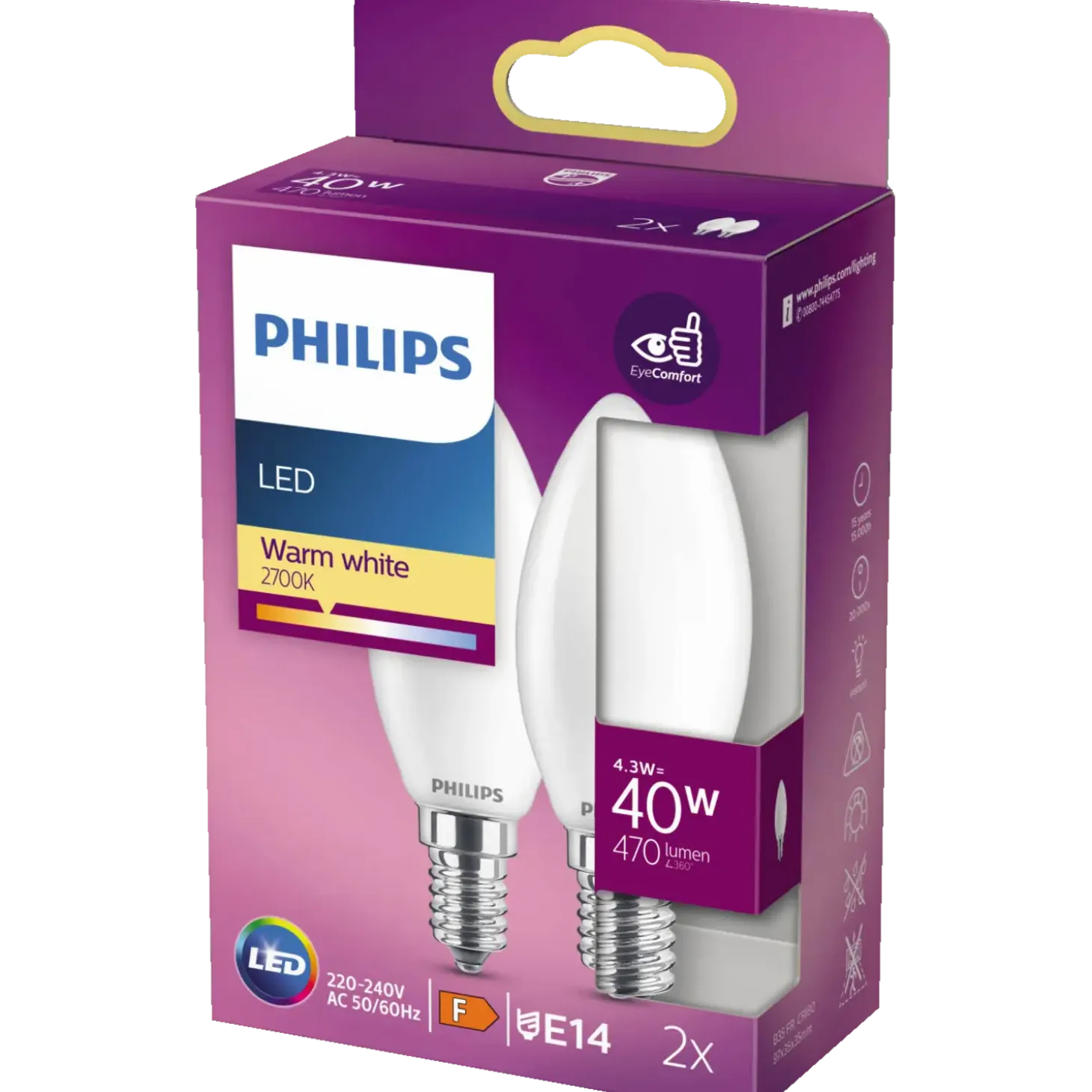 Philips Kerte LED pære E14 40W 2 pack