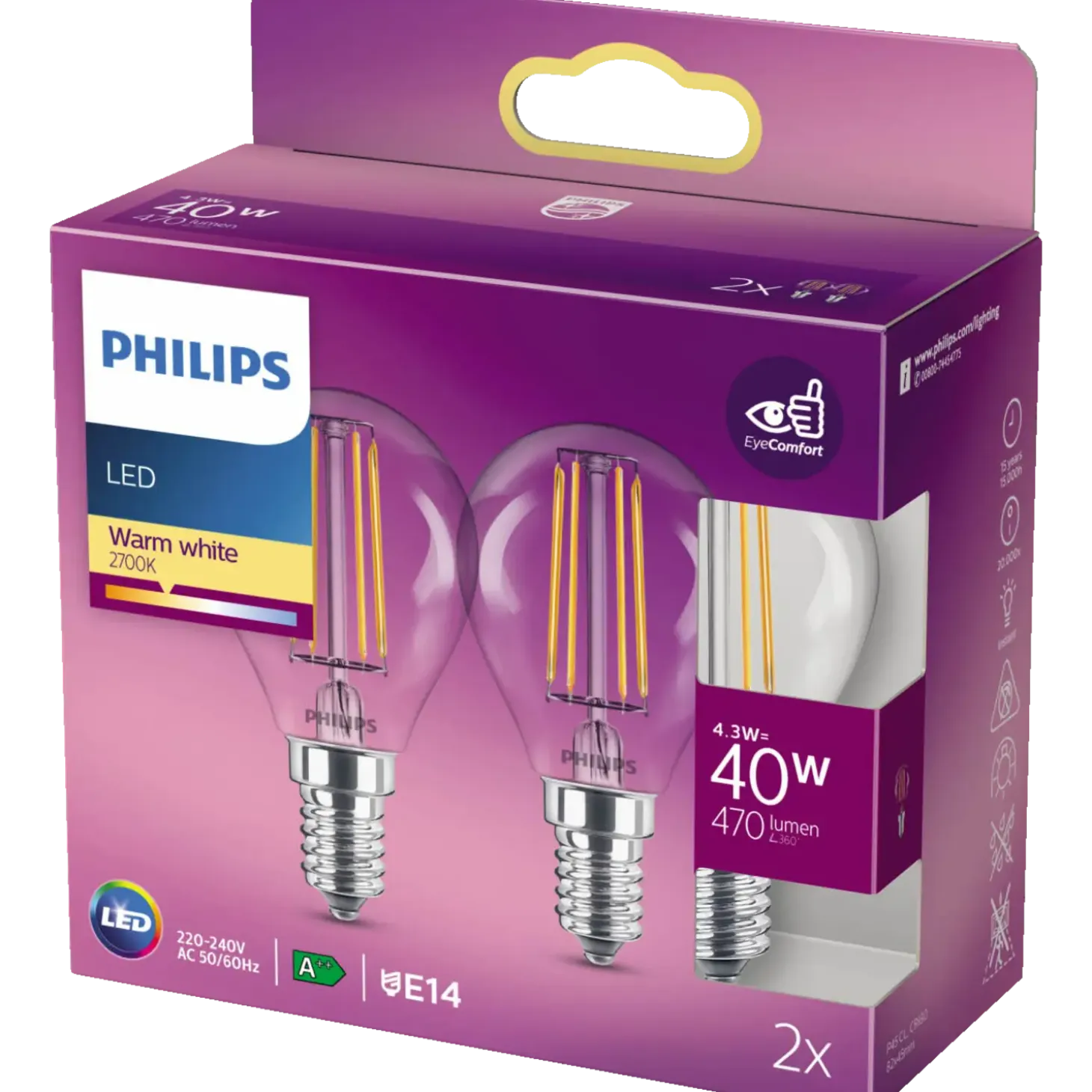 Philips Krone LED pære E14 40W 2 pack