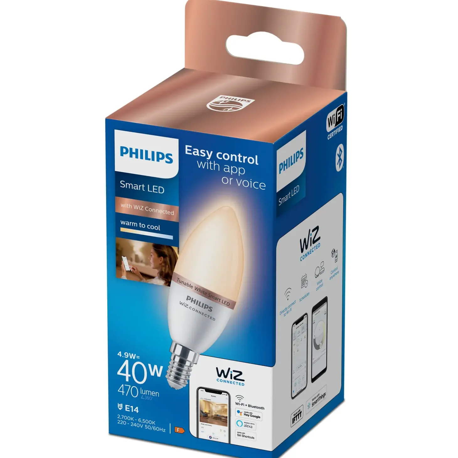 Philips Smart WiZ white LED pære E14 4,6W kerte mat