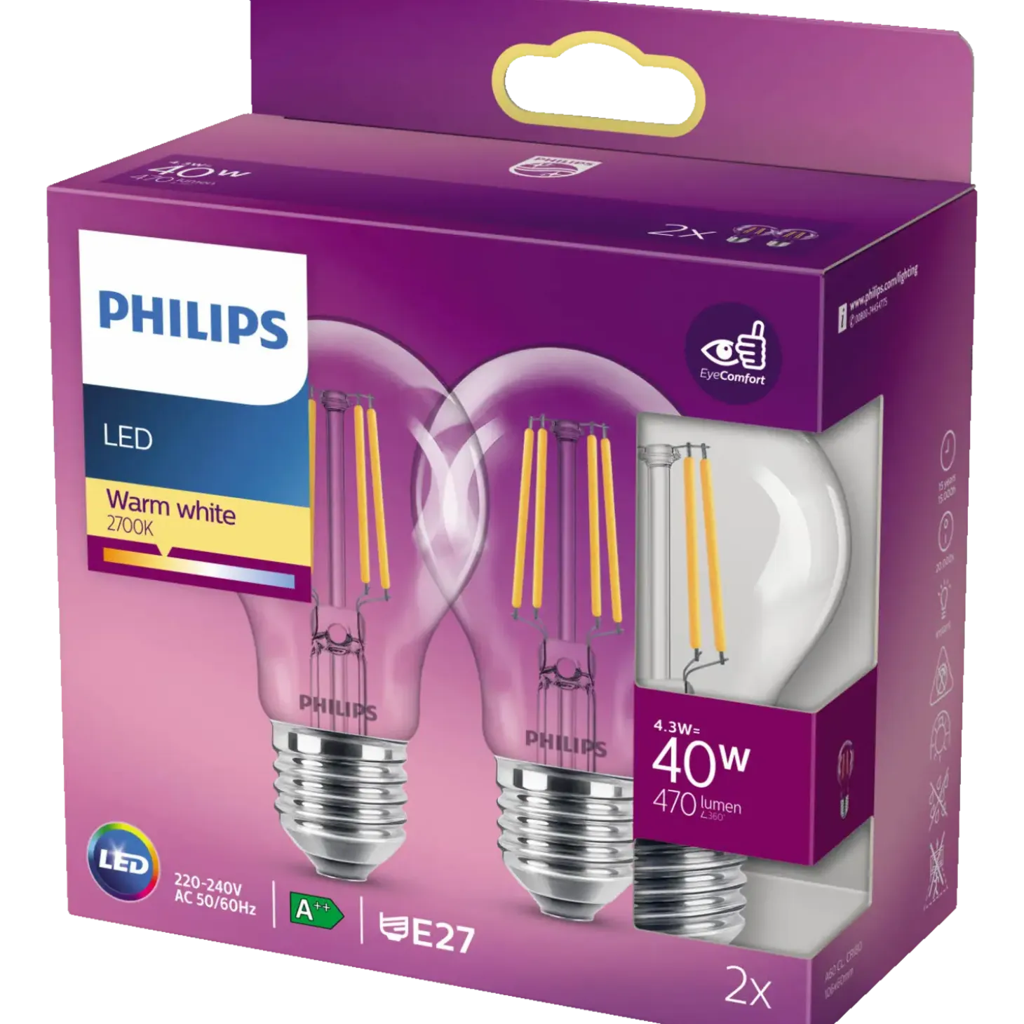 Philips Standard LED pære E27 40W 2 pack