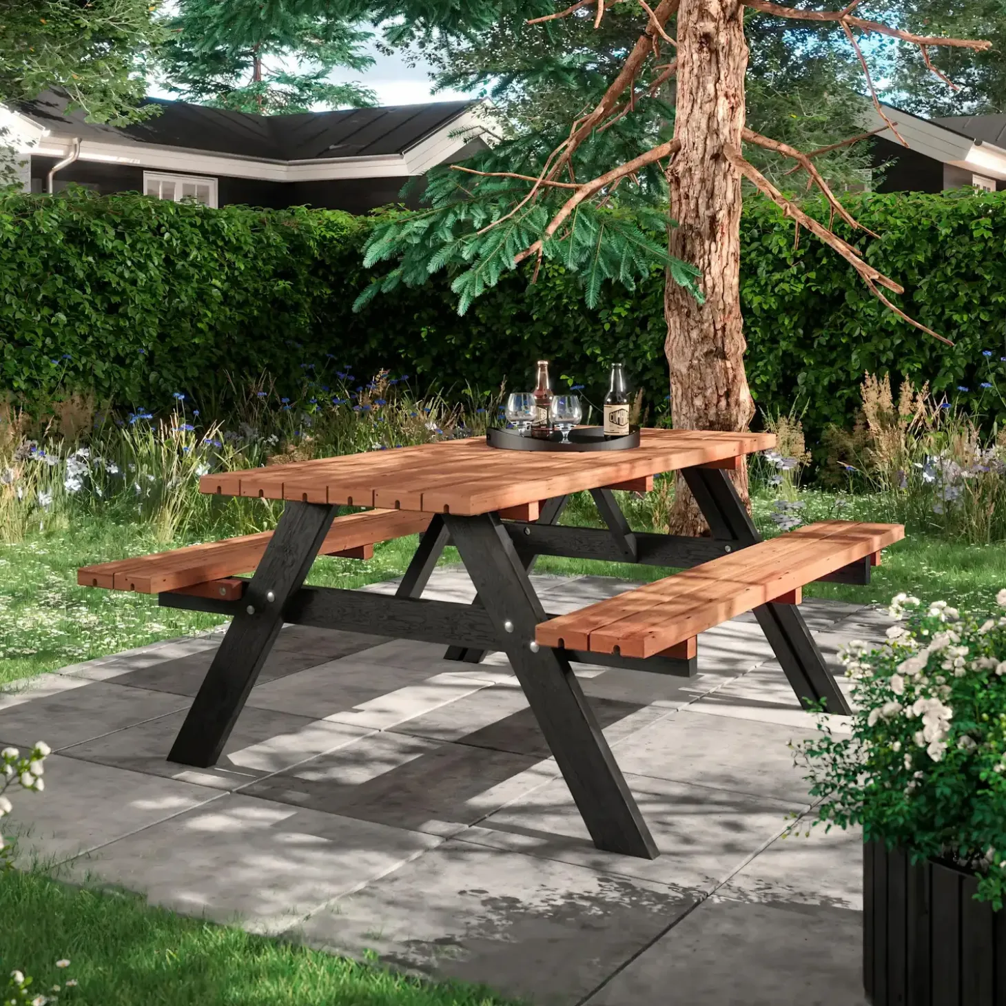 PLUS Bord/bænkesæt 177 cm Gyldenbrun/Sort ThermoWood®/sort
