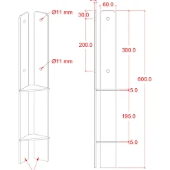 Plus Hjørne Stolpefod 60 cm  9x9 cm stolper  til nedstøbning  m/skruer