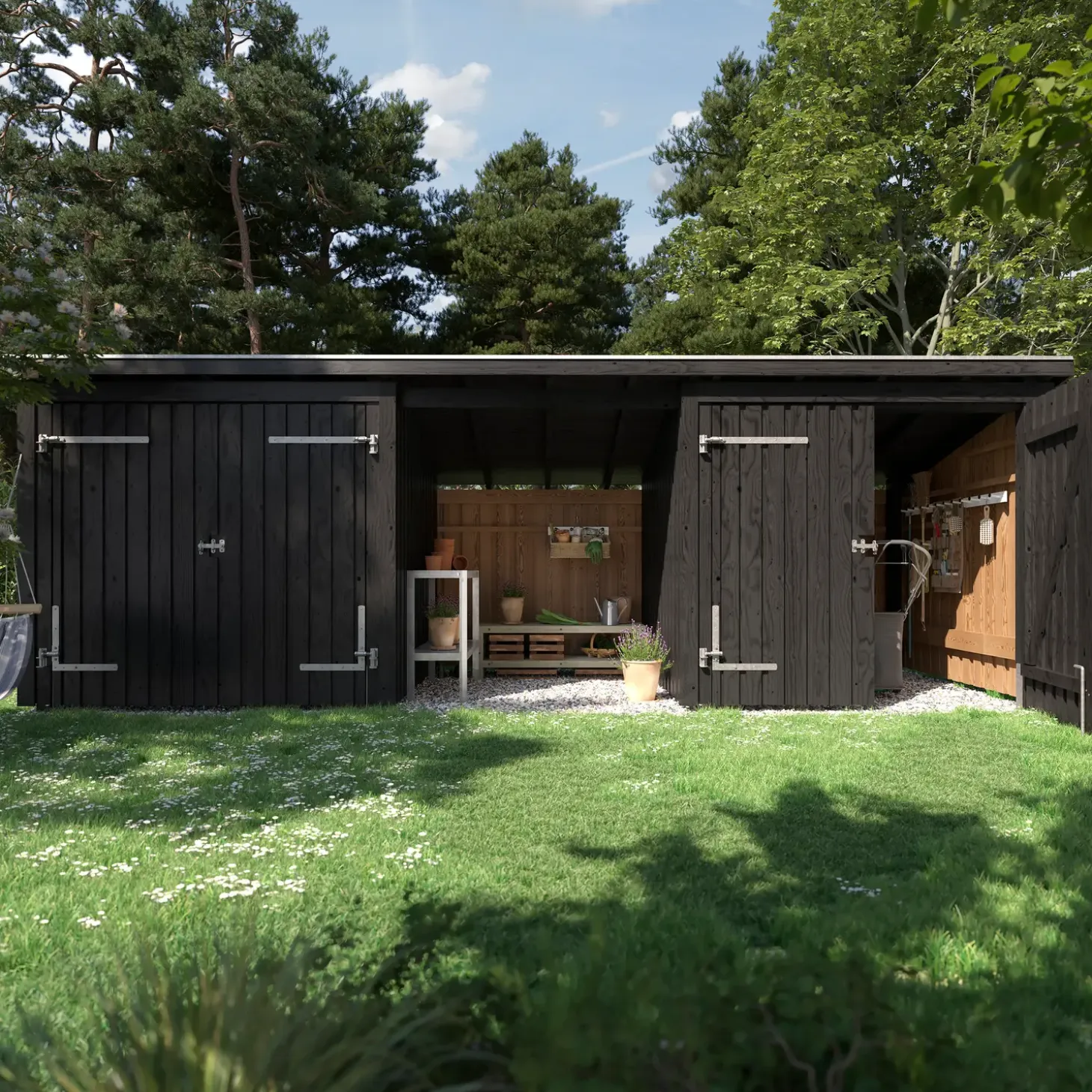 Plus Nordic Multi havehus 14 m² 3 moduler med 2 dobbeltdøre og åben front