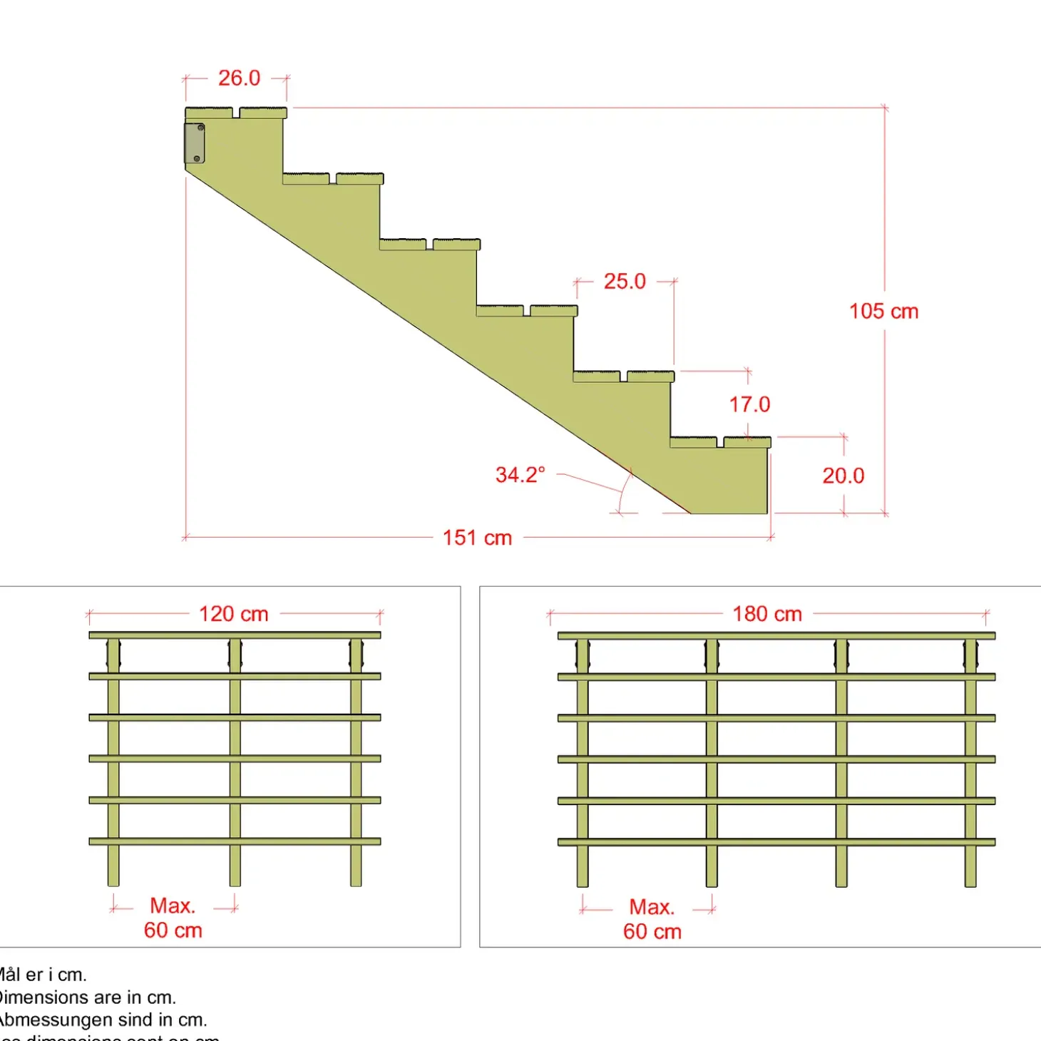 Plus Terrassetrappe 6 trin 105x151 cm 34,2° 180 cm