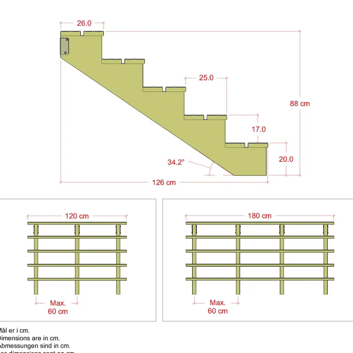 Plus Terrassetrappe 5 trin 88x126 cm 34,2° 120 cm