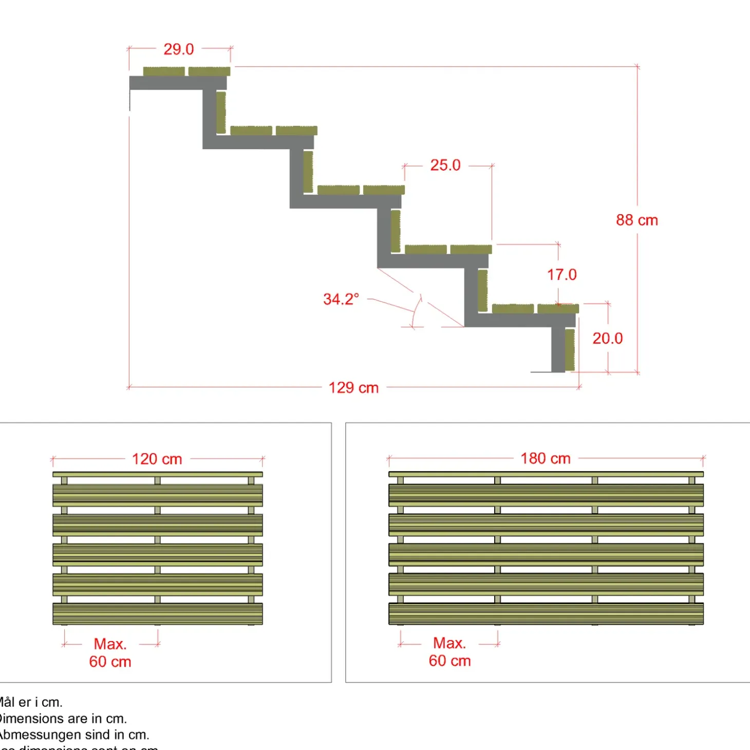 Plus Terrassetrappe 5 trin 88x129 cm 34,2° 180 cm