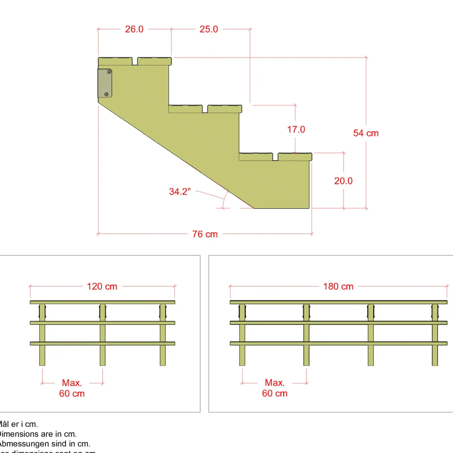 Plus Terrassetrappe 3 trin 54x76 cm 34,2° 180 cm