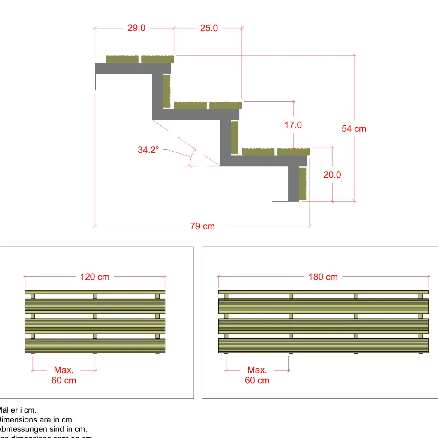 Plus Terrassetrappe 3 trin 54x79 cm 34,2° 120 cm