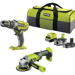 Ryobi håndværkersæt bore-/skruemaskine, vinkelsliber, batterier og taske