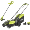 Ryobi kombisæt 18V ONE+ plæneklipper/græstrimmer 4,0Ah batteri og lader