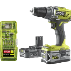 Ryobi R18DD3-252T akku bore-/skruemaskine 1x2,0+1x5,0 Ah 18V ONE+ inkl. 17 dele tilbehør