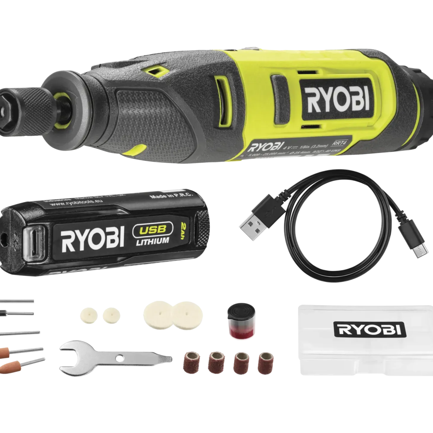 Ryobi RRT4-120GA15 4V USB multiværktøj, med 15 tilbehørsdele