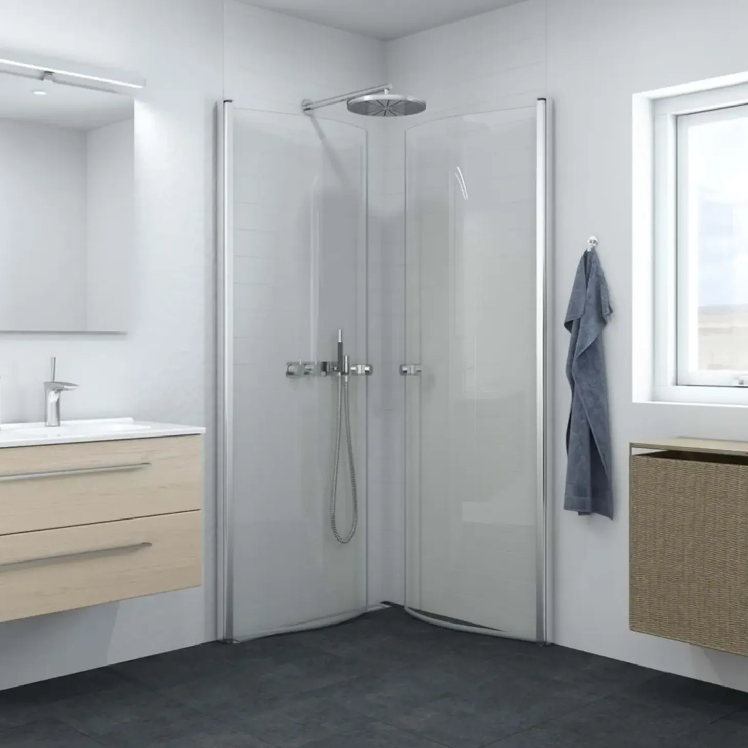 Scanbad brusedør halvrund satin/klart glas model 90