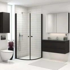 Scanbad brusehjørne m/buet svingdør 74x200 cm mat sort/klar glas