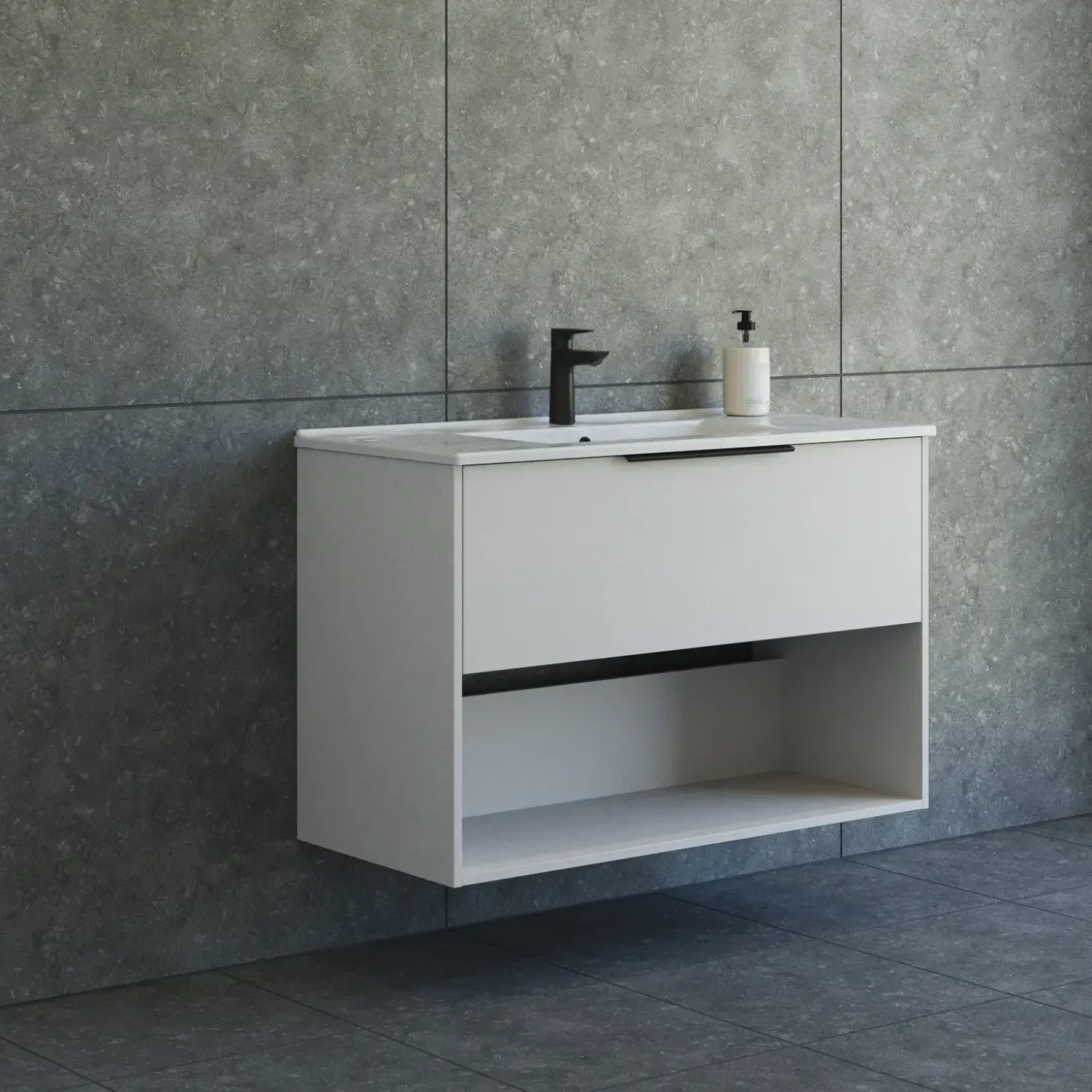 Scanbad NOW vaskeskab m/én skuffe og åbent rum 65,8x101x45,5 cm mat sand glat front