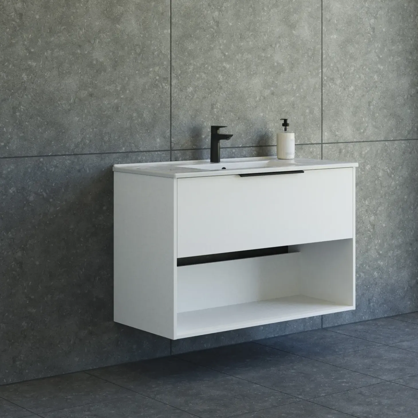 Scanbad NOW vaskeskab m/én skuffe og åbent rum 65,8x81x45,5 cm mat hvid glat front
