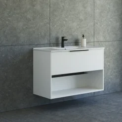 Scanbad NOW vaskeskab m/én skuffe og åbent rum 65,8x81x45,5 cm mat hvid stribet front